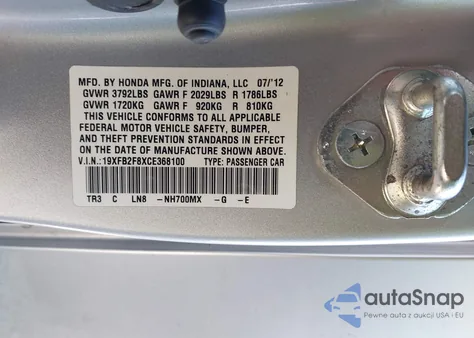 2012 Honda Civic Ex from USA, damaged, VIN 19XFB2F8XCE368100